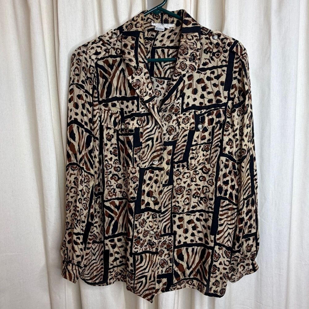 Vintage Real Clothes Silk Saks Fifth Avenue Shirt Women’s M Button Front animal